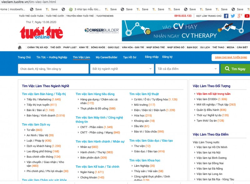 hình ảnh website của Vieclam.tuoitre